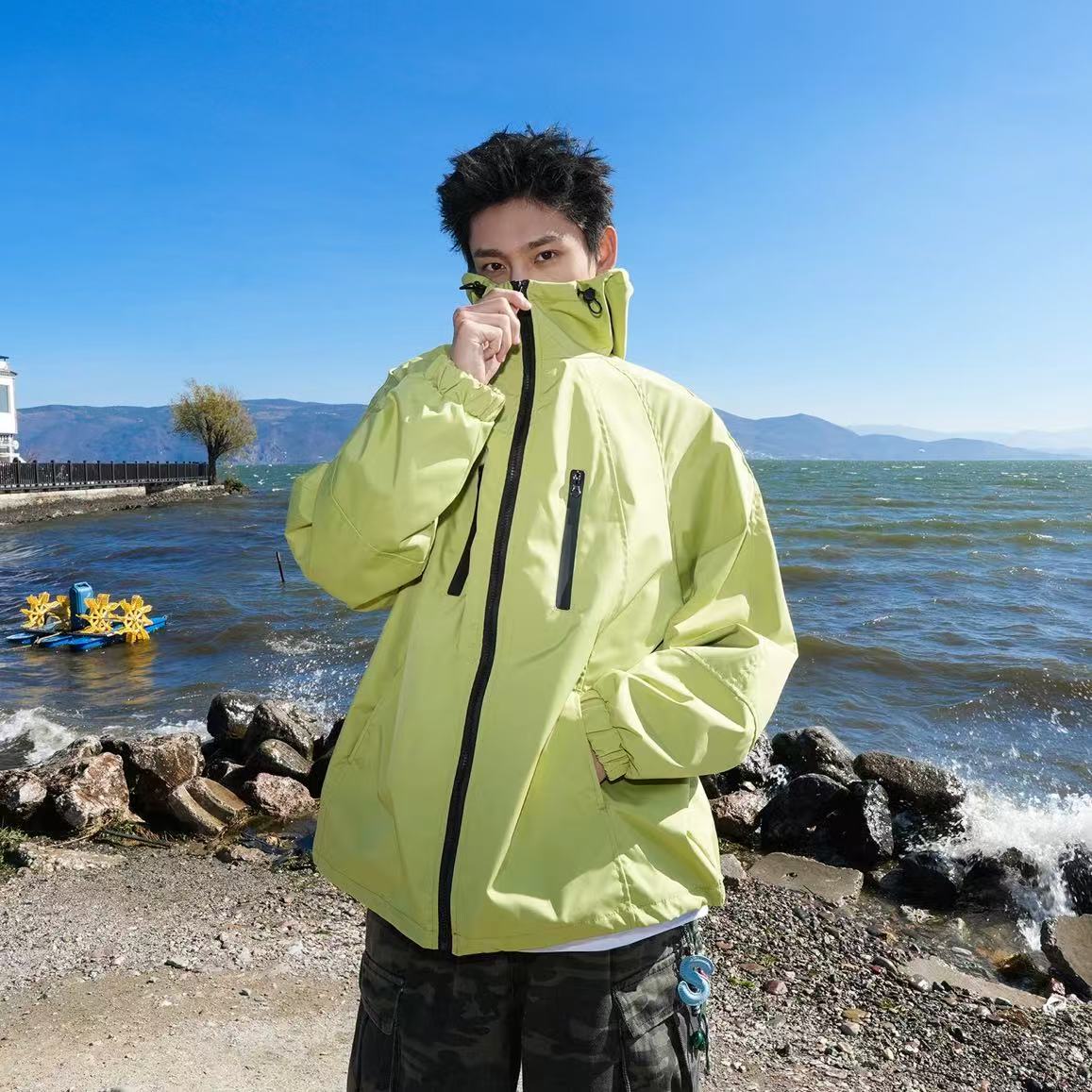 情侣美式休闲外套宽松男女牛津布连帽生意纯色潮牌冲锋夹克