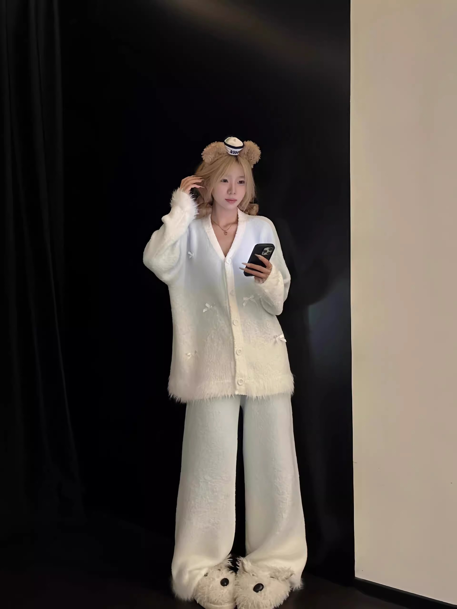 温柔蝴蝶结渐变针织半边绒睡衣女秋冬新款保暖加绒加厚家居服套装