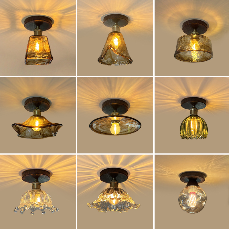 中古风实木玻璃阳台过道吸顶灯复古门厅玄关创意灯饰美式衣帽间灯