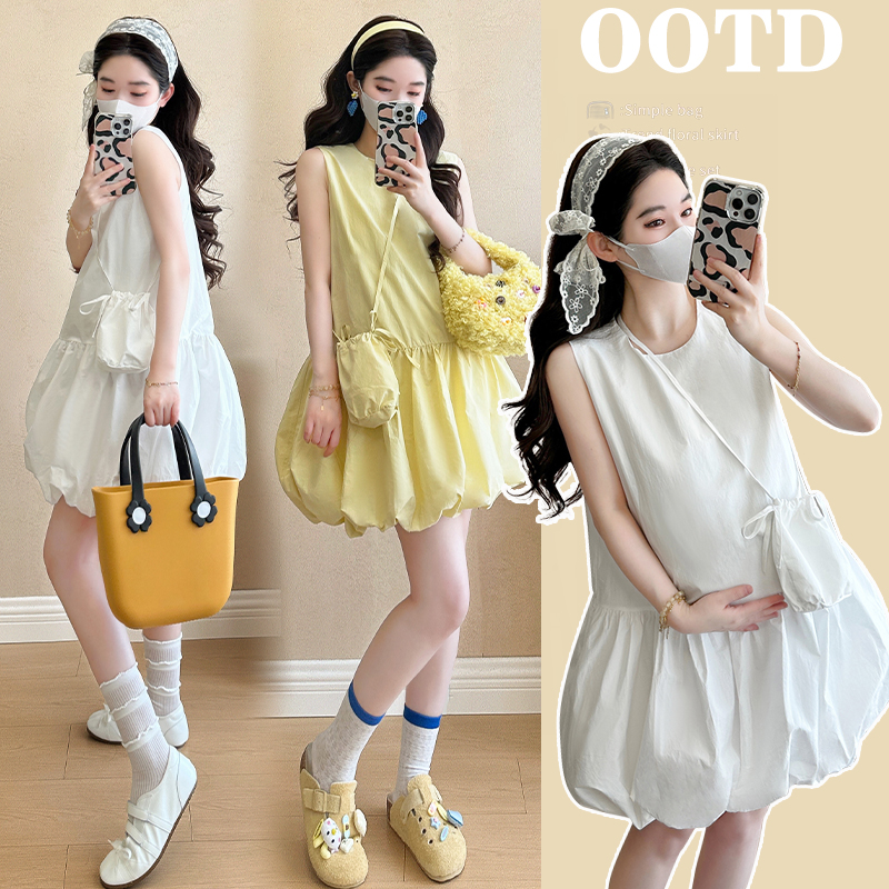 孕妇夏装新款连衣裙洋气时髦设计感时尚百搭圆领休闲无袖连衣裙套