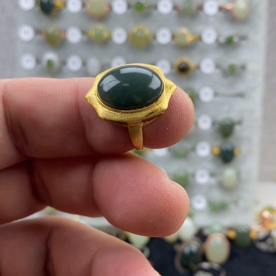 和田玉（青玉）银S925镀金镶嵌戒指