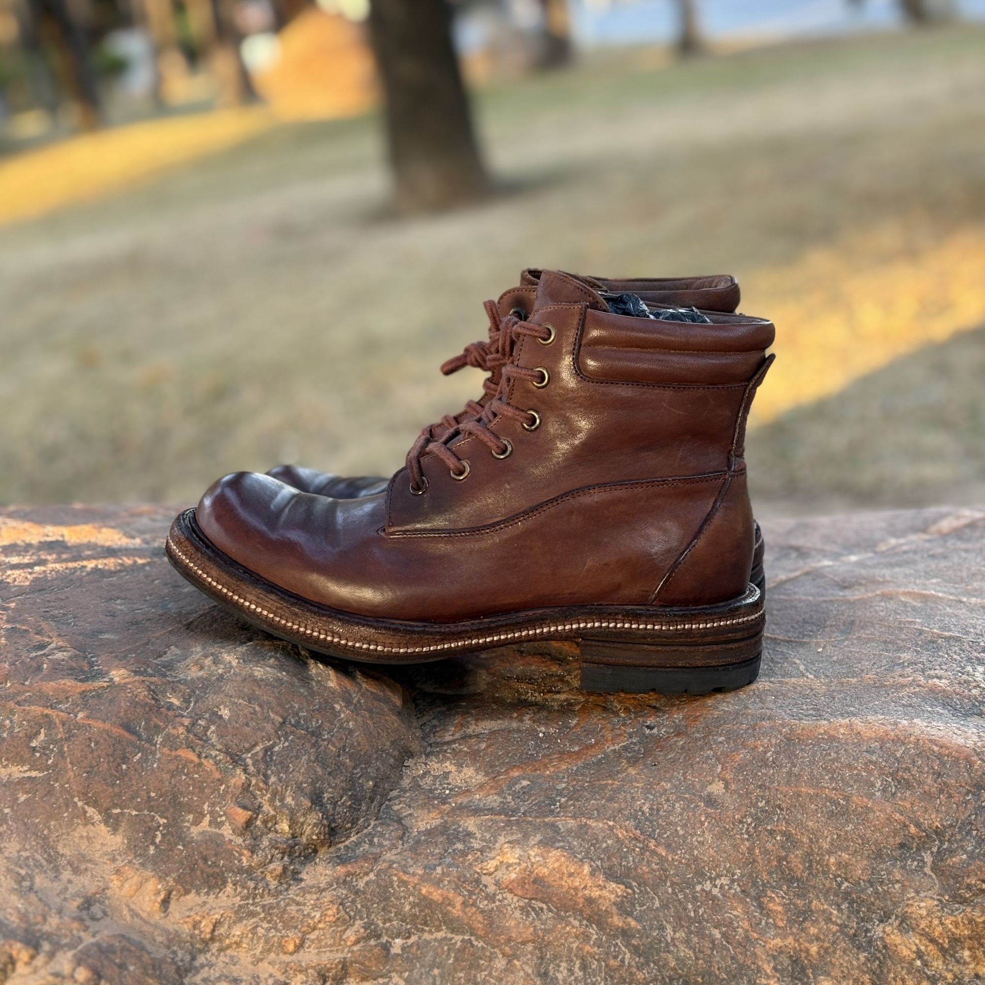 中高帮固特异工艺男鞋马皮水洗做旧真皮大底圆头系带复古时尚