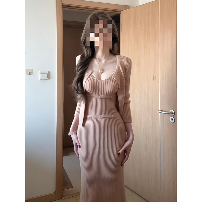 韩系温柔入秋衣服纯欲风修身显瘦针织开衫可拆卸背心吊带裙半身裙