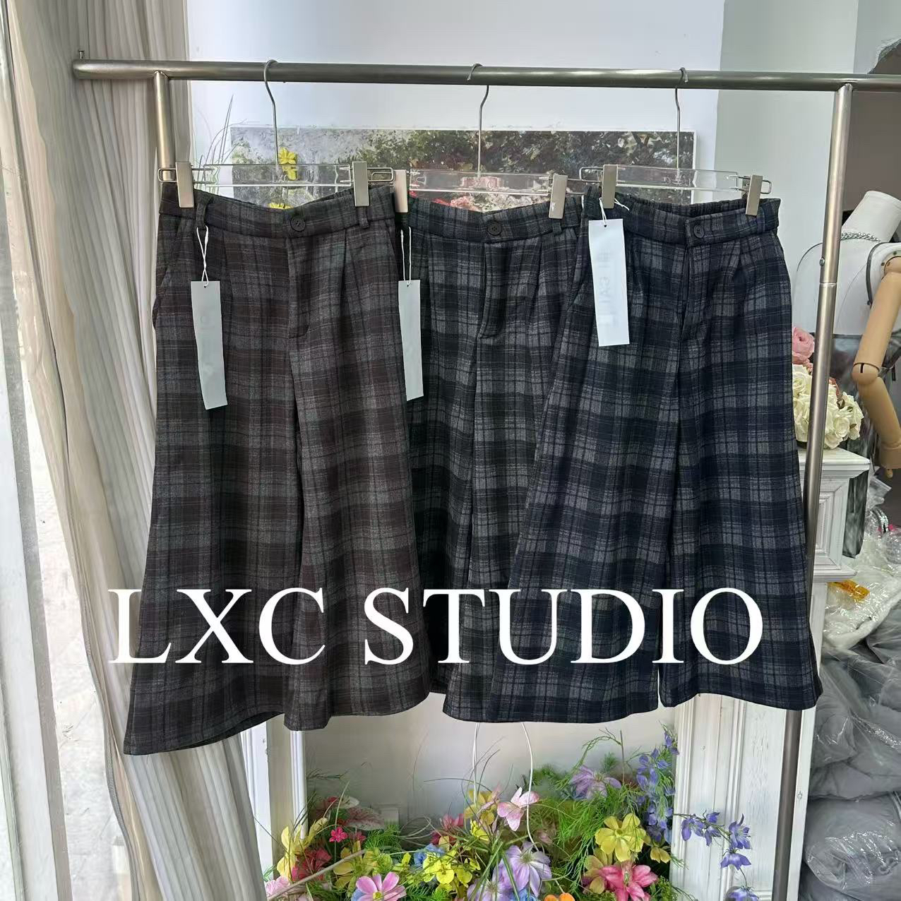 YA【9705】森系格纹·休闲复古撞色设计七八分毛呢阔腿裤