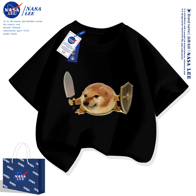 NASA刀盾狗儿童搞怪t恤短袖夏季2026新款男童女童纯棉黑色上衣
