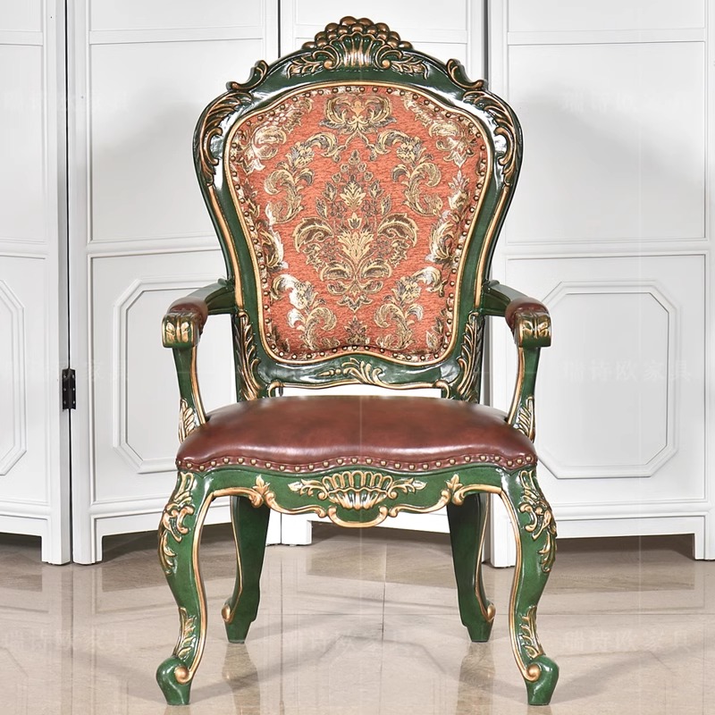 美式乡村实木餐椅靠背休闲椅皮质坐垫洽谈桌椅组合复古单人扶手椅