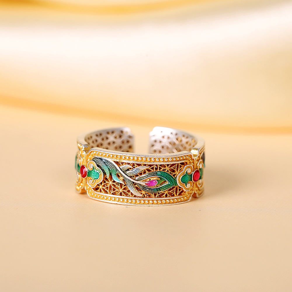 足银戒指 999手工花丝凤羽戒指开口烧蓝珐琅女士描金指环国潮