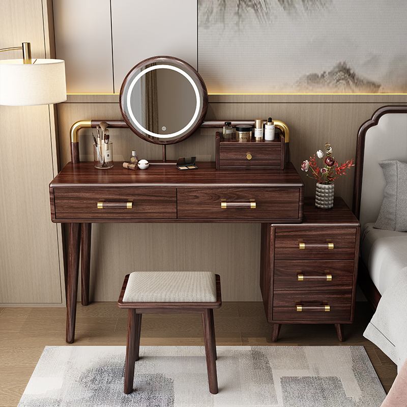 可伸缩全实木简约现代梳妆台储藏带斗柜化妆桌家用主卧镜面带灯