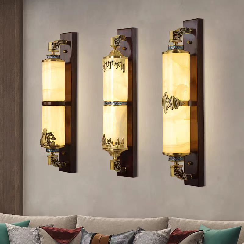 新中式别墅玉石客厅主卧壁灯走廊过道铜加木led创意新款中山灯饰