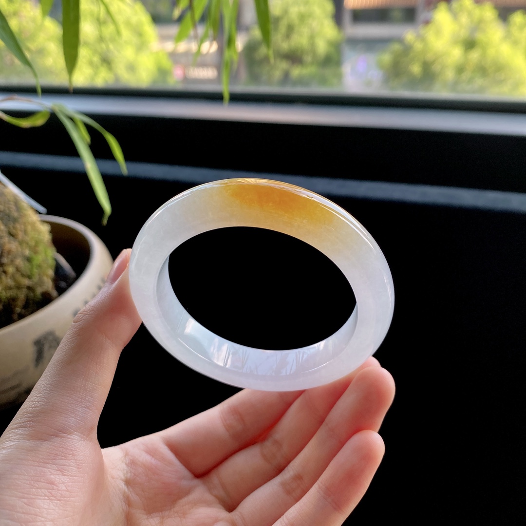 好色珠宝  圈口53缅甸老坑A货冰糯种黄翡正圈女款翡翠手镯