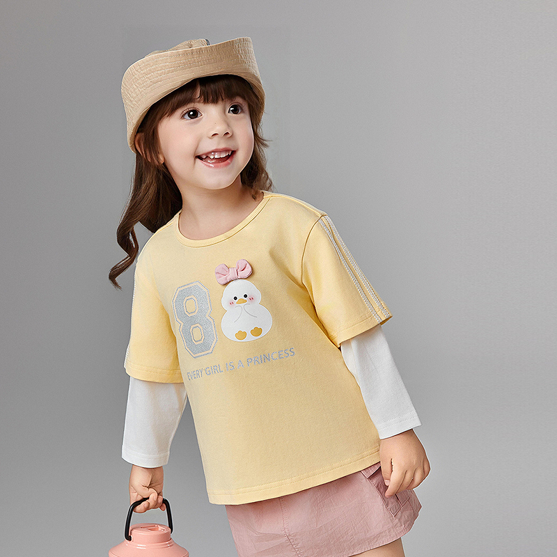 笛莎官方女童25年春季新款儿童时尚洋气假两件长袖T恤-332510602