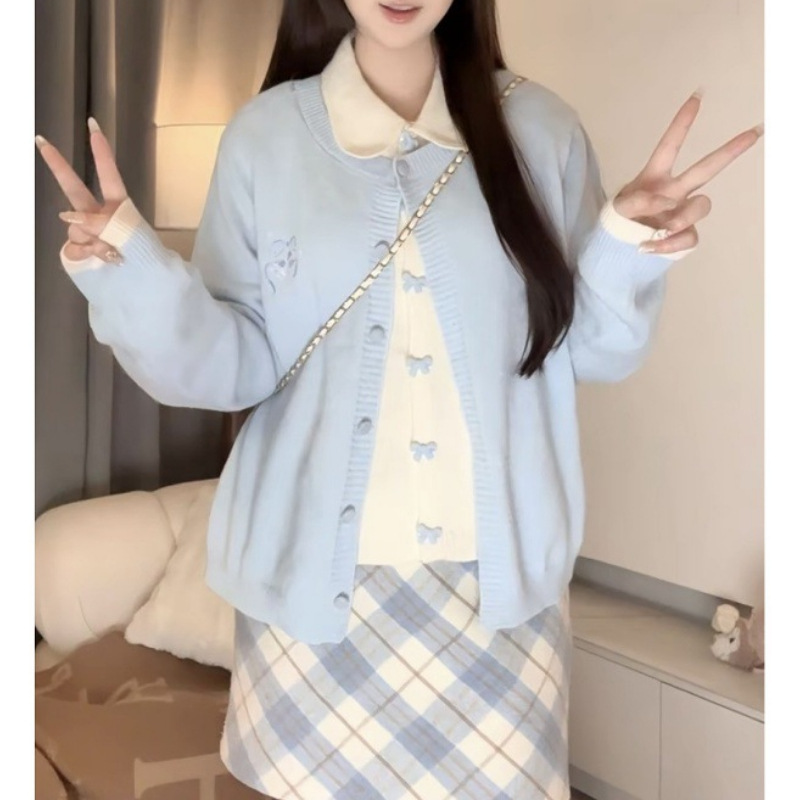 韩系爆款蝴蝶结扣蓝色假两件开衫毛衣女秋冬高级感撞色针织衫