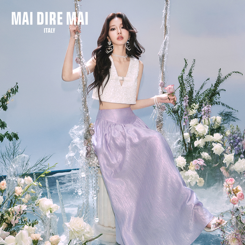 MAI DIRE MAI亮片v领蝴蝶结背心上衣高腰优雅大摆裙女夏时尚套装