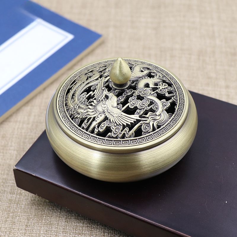 熏香古典韵味圆形平底香炉龙凤雕刻香炉摆件纯铜檀香盘香茶室家用