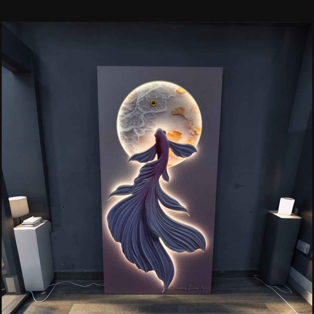 立体浮雕锦鲤玄关装饰画带LED灯光适合入户走廊客厅