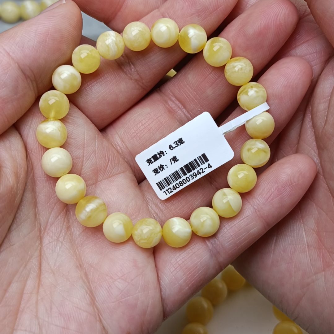 未镶嵌蜜蜡手链8圆珠白蜡妖花高货14.5手围