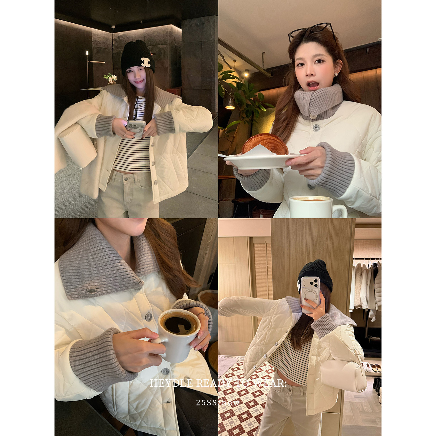 黑豆哼哼 雪地情书*气质短款拼色菱格棉服女宽松显瘦翻领保暖外套