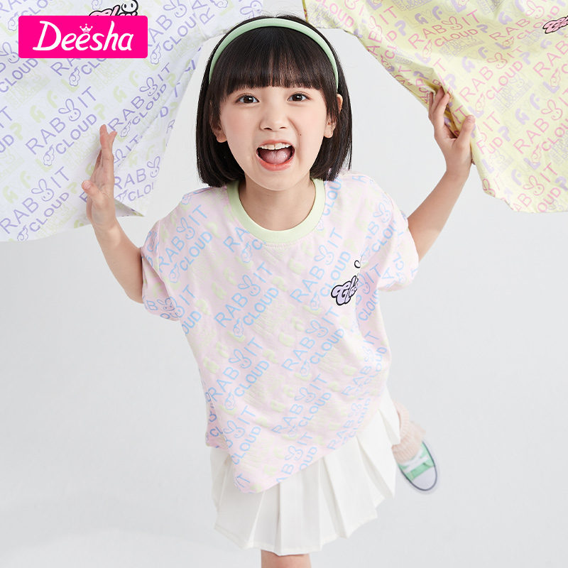 DEESHA/笛莎欧若T恤女童宽松圆领潮流印花小清新短袖8M2320405