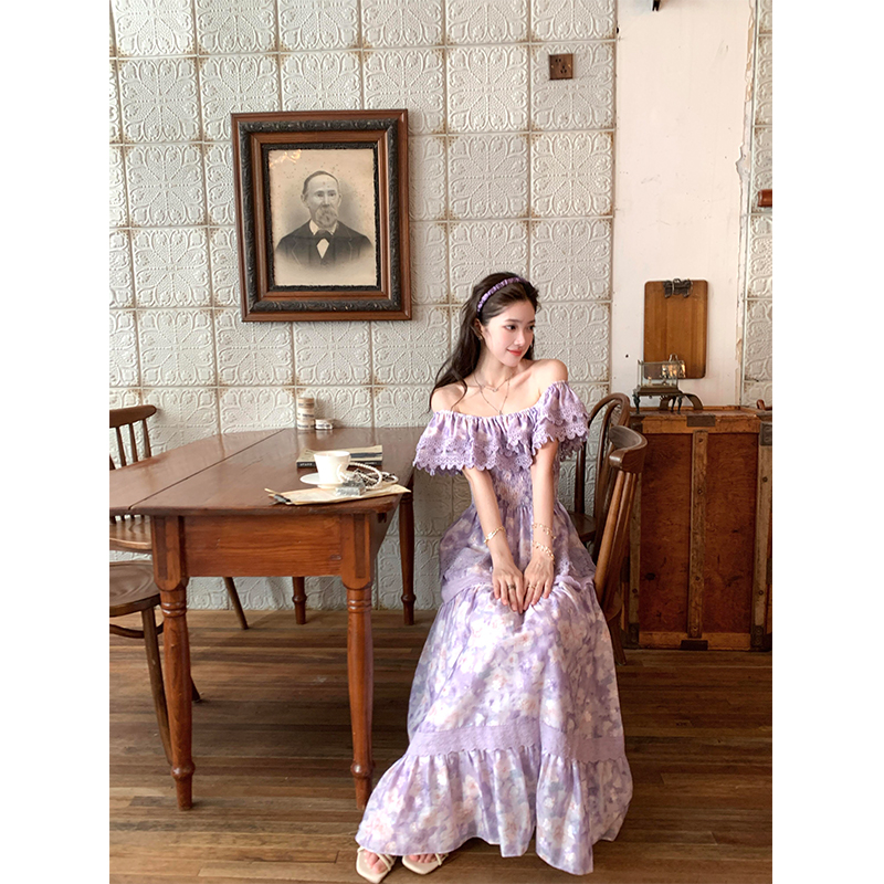 2025新款夏季法式甜美温柔风立体花朵一字肩碎花收腰显瘦仙女裙