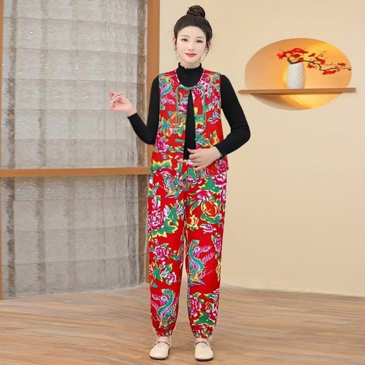 马甲+灯笼裤两件套装加绒休闲复古凤新中式套装气质民族风冬季