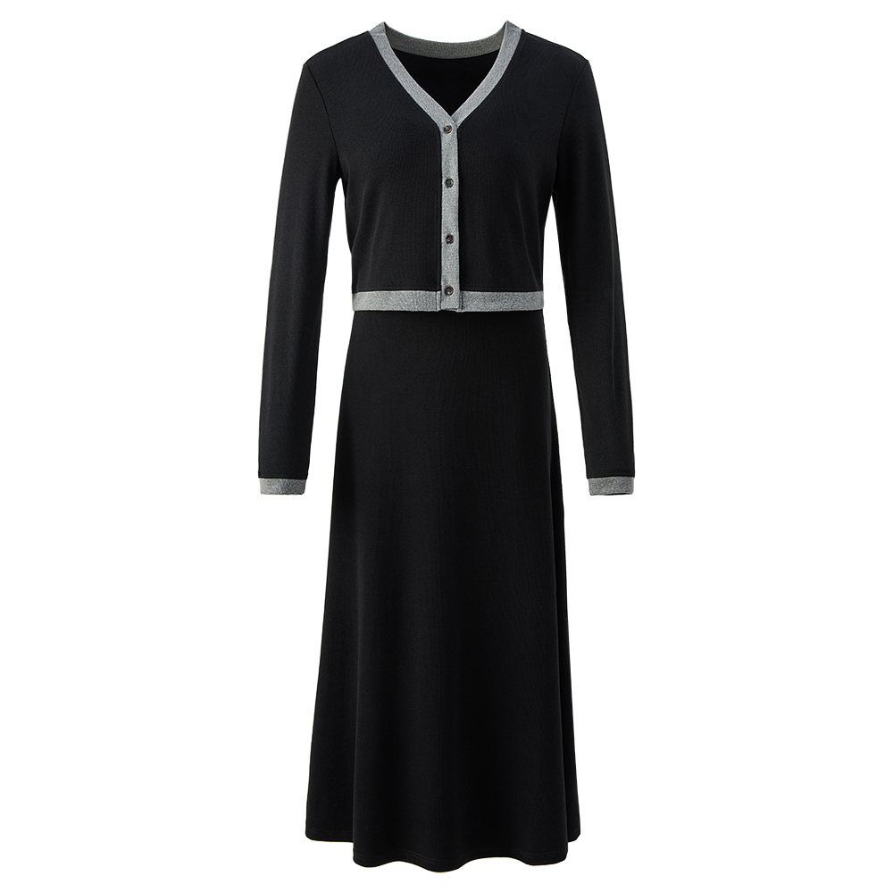 秋季温柔气质撞色包边短款开衫搭配修身显瘦吊带连衣裙