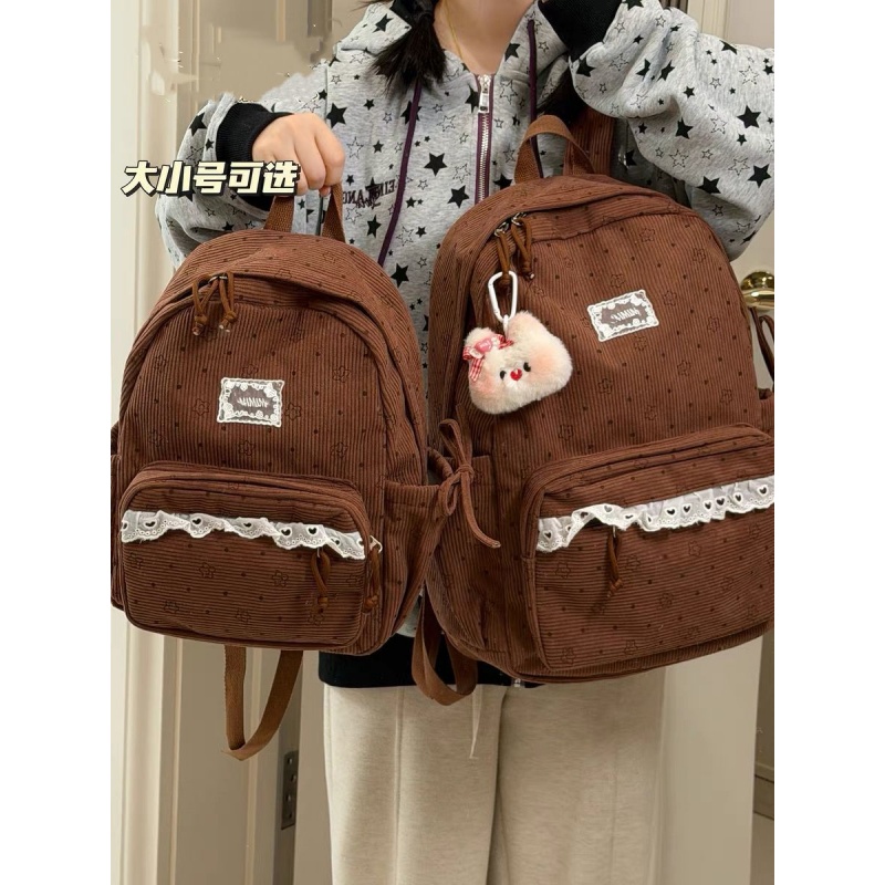韩系高中学生书包女ins休闲轻便上课背包百搭灯芯绒大容量双肩包