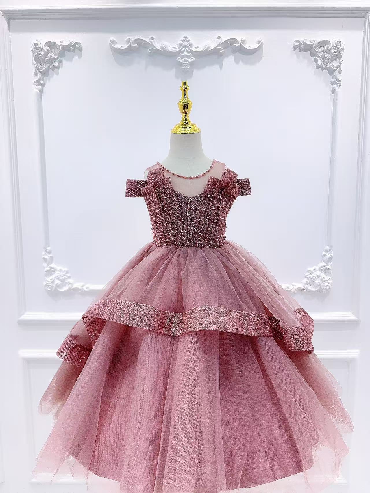 连衣裙宝宝儿童裙子女童粉色走秀公主裙洋气服装一字肩设计1138