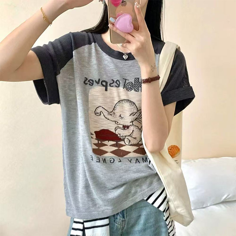 「小飞象」卡通竹节麻针织短袖t恤夏季宽松显瘦薄款打底上衣-2796