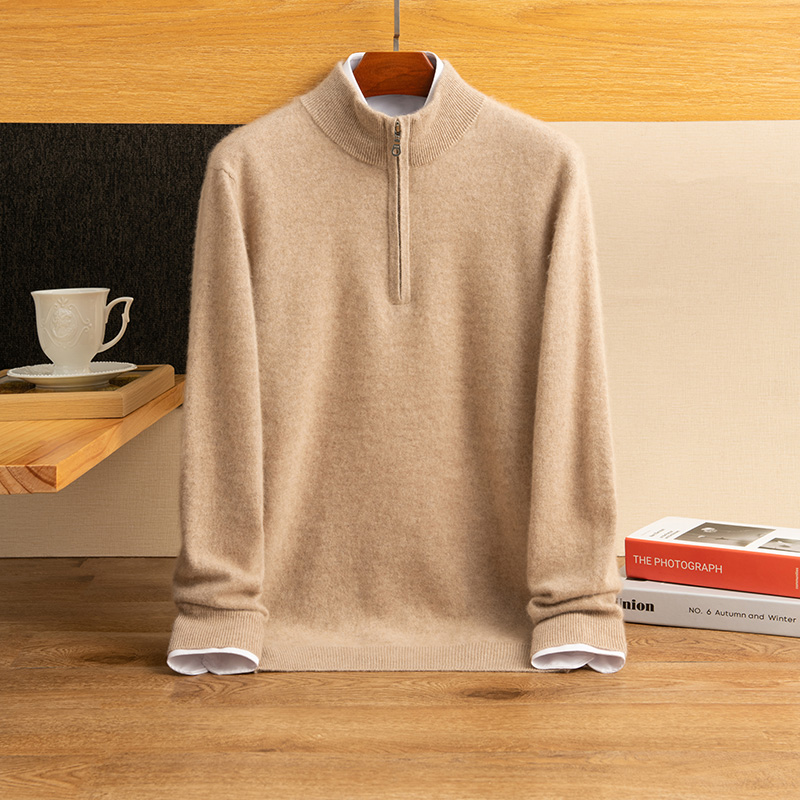 沃绒华100%纯山羊绒高端时尚宽松新款针织毛衣男士休闲半拉链领