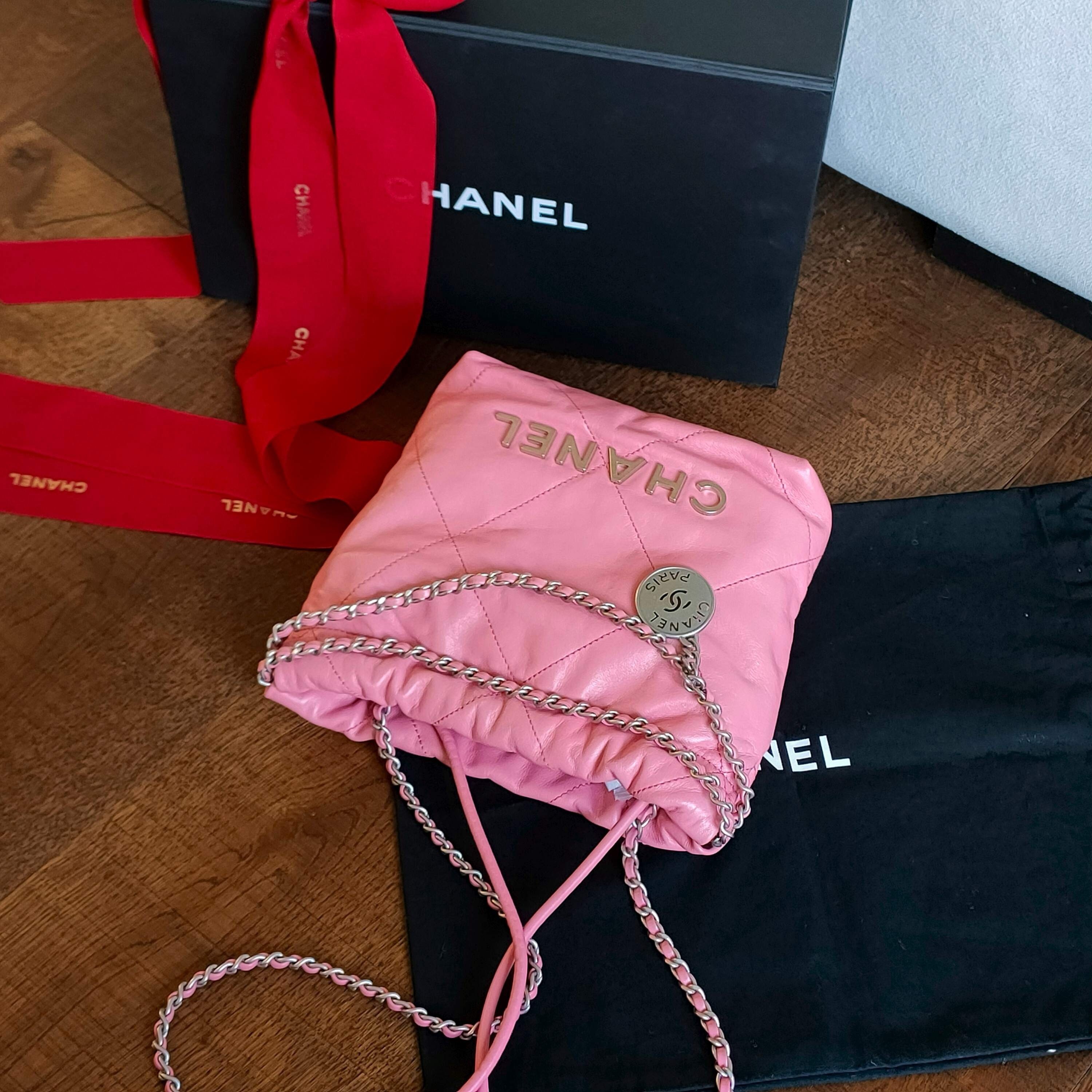95新 Chanel/香奈儿 AZUL-23A浅粉色牛皮22bagmini斜挎包38679