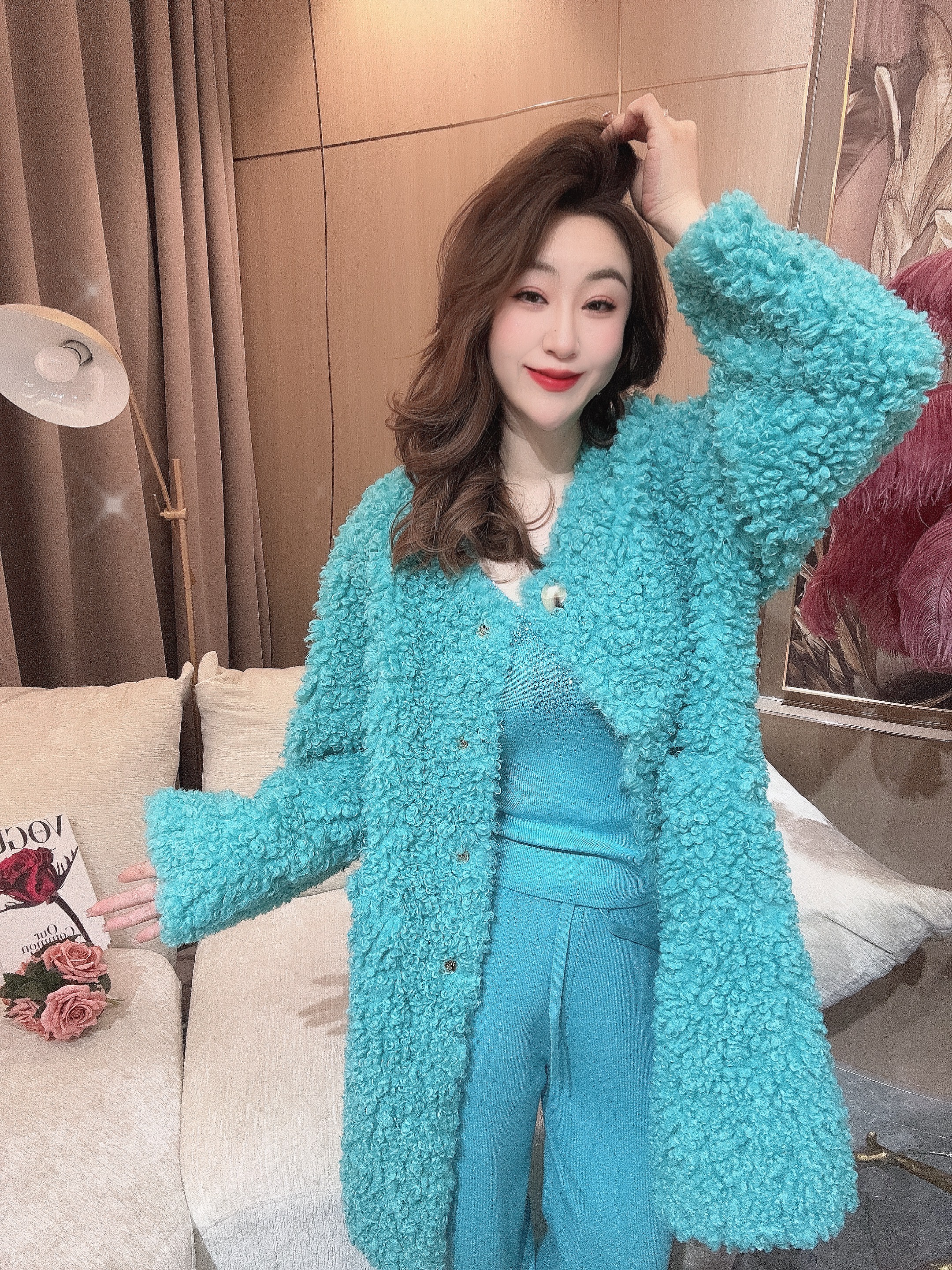 DC【碧海蓝冰】高级气质显瘦网红羊羔毛钉秋冬时尚外套孔雀蓝中长款