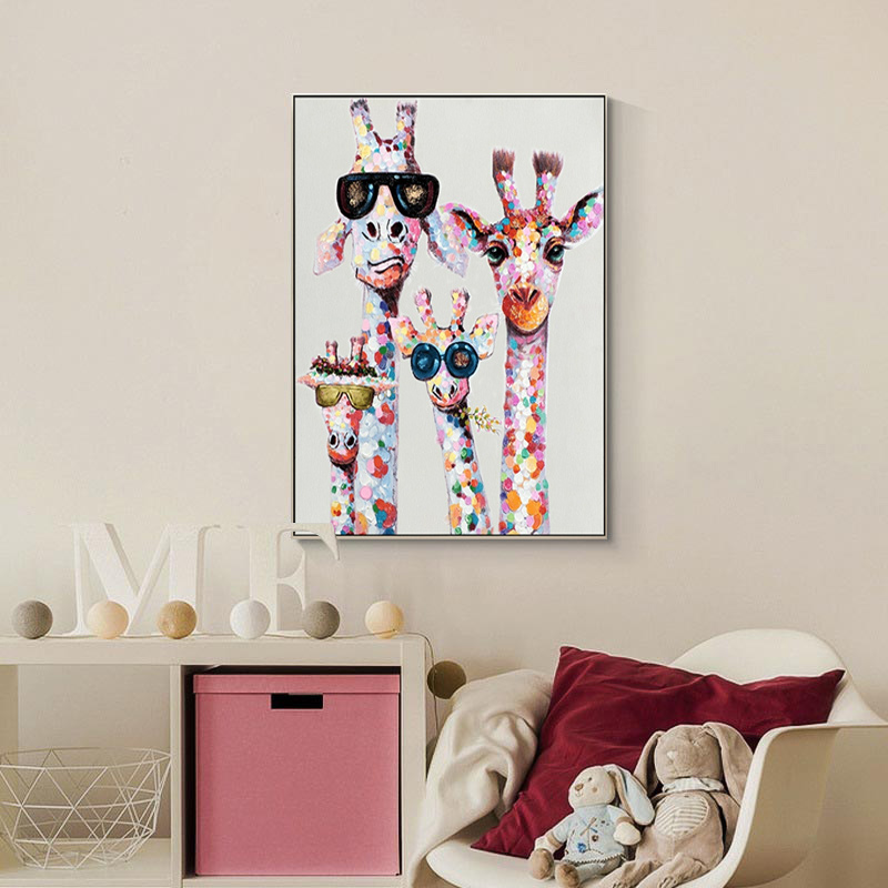 【尺寸50*70】手绘油画儿童房卧室床头挂画走廊装饰画长颈鹿卡通画