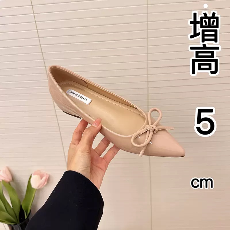 内增高漆皮平底单鞋女2025新款百搭尖头小个子气质蝴蝶结软底女鞋