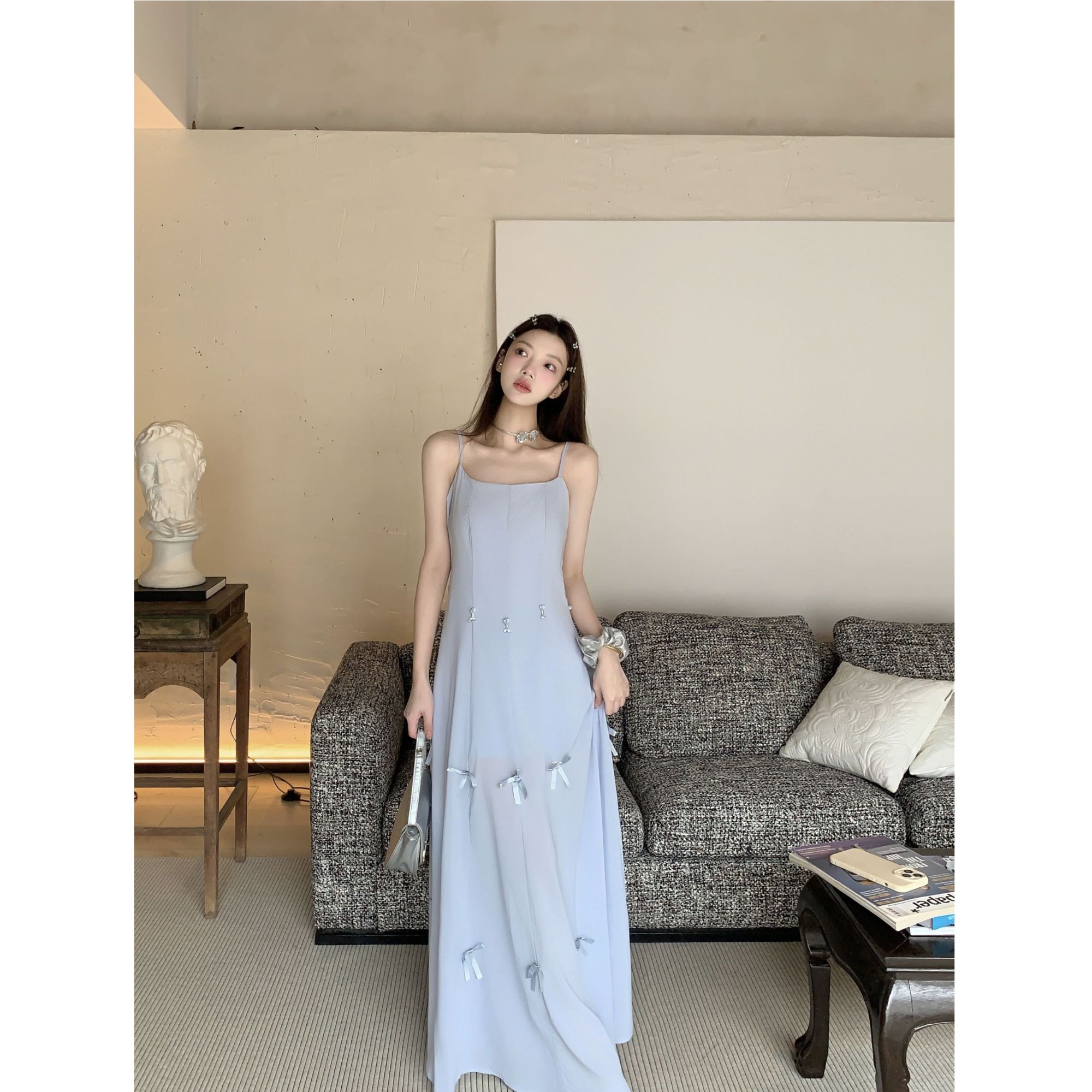 多重甜妮收腰显瘦中长吊带连衣裙女短裙修身重工蝴蝶结短裙