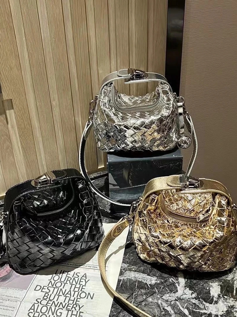 高品质真皮菱格手提包头层牛皮饭盒包链条单肩斜挎包轻奢女包小包
