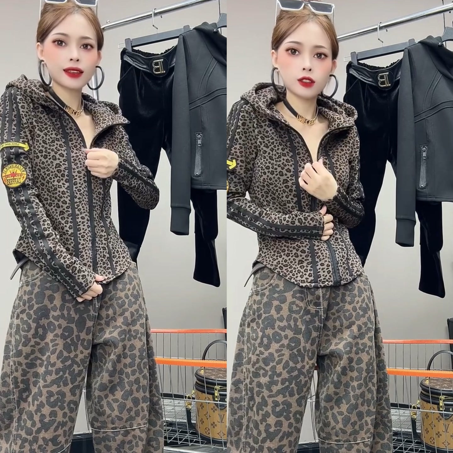 24294#CBR复古时髦下摆不规则设计开衫上衣新款豹纹连帽女外套