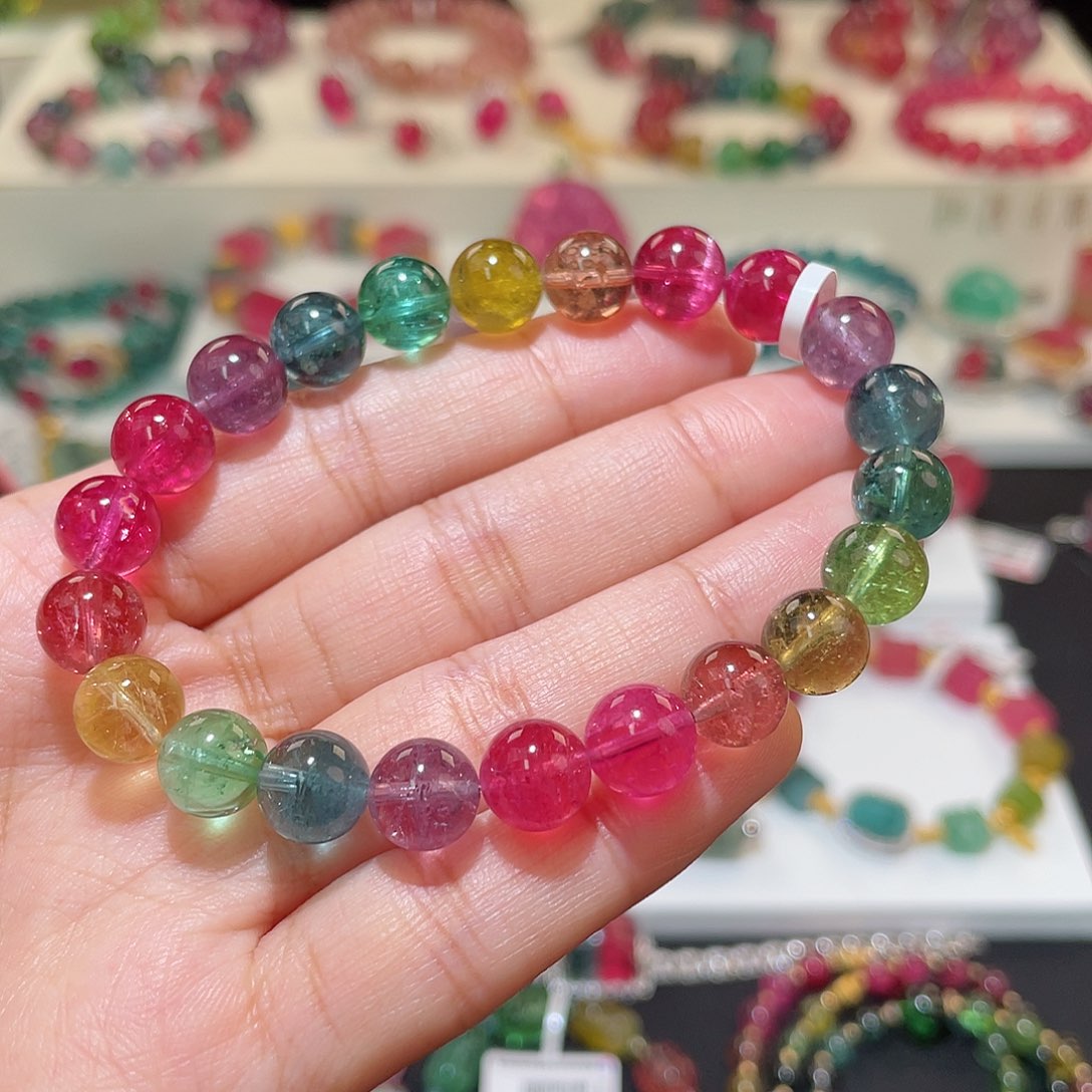 碧玺手链未镶嵌 藏品级 荧光色标8.6+mm