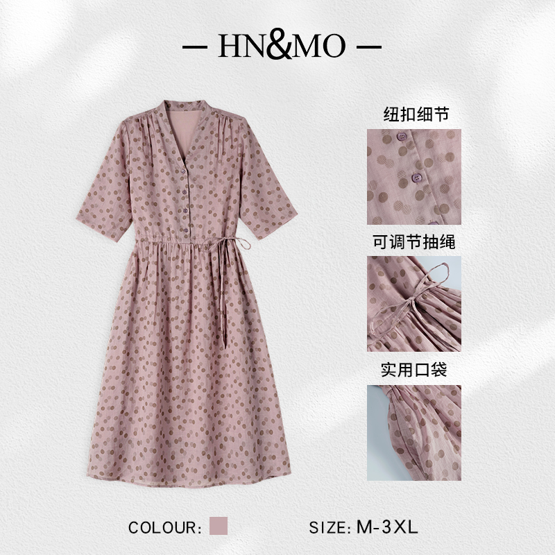 KA32199文艺时尚波点抽绳V领苎麻夏连衣裙女装宽松印花长裙