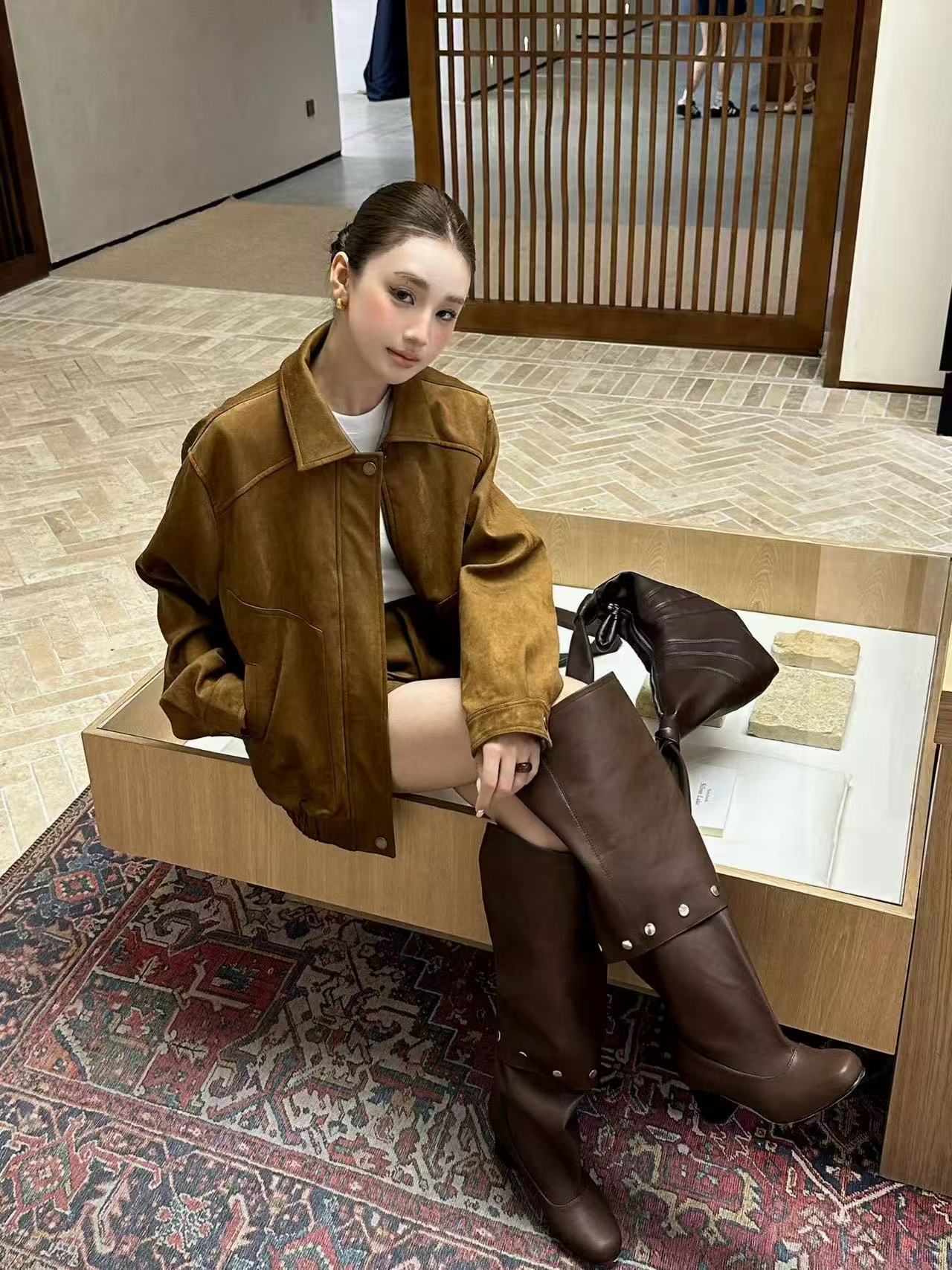 长袖朋克风皮衣时尚翻领复古网红外套秋冬麂皮夹克套装