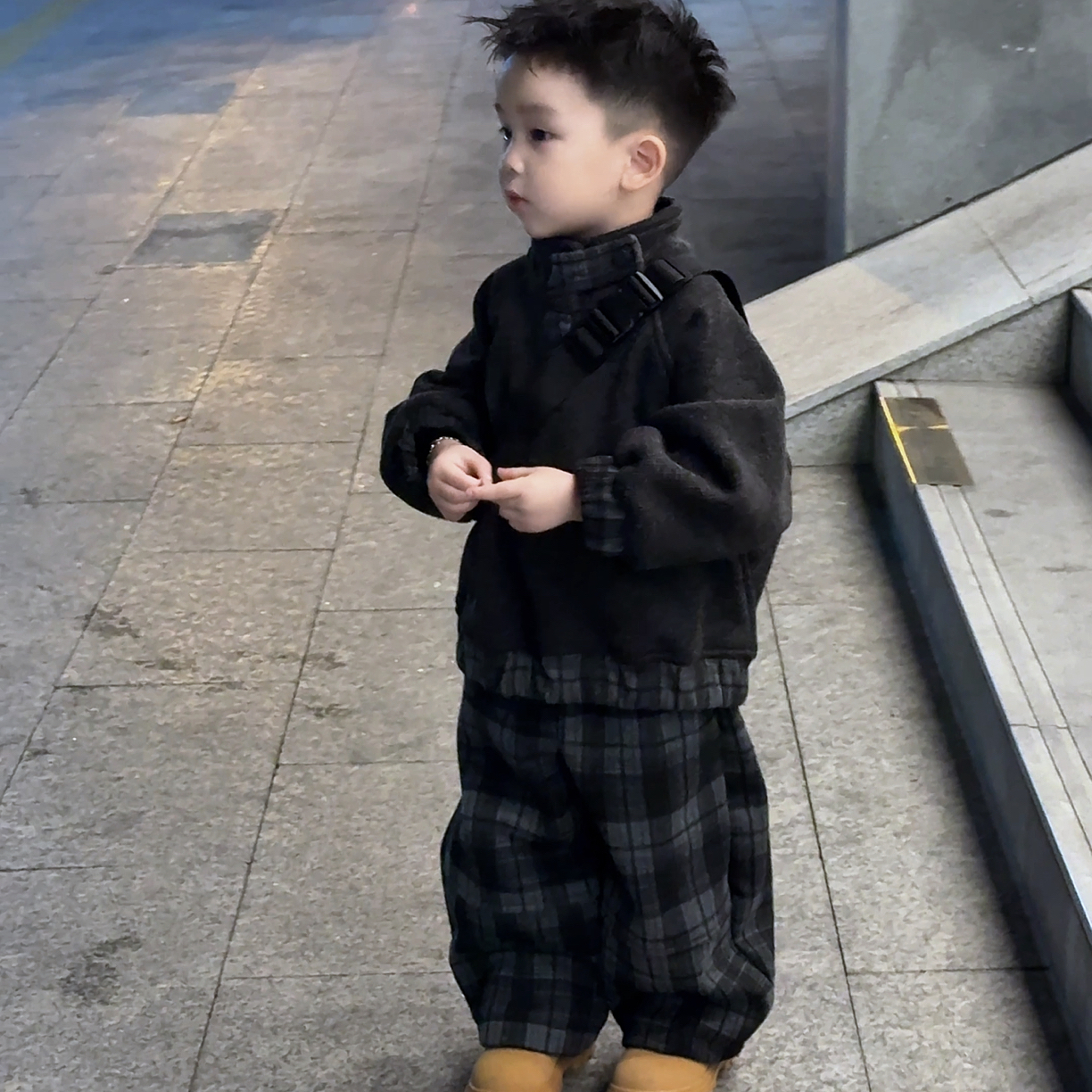 ME48新款加绒卫衣套装洋气酷帅韩潮童格子裤时尚深秋冬新款时髦精