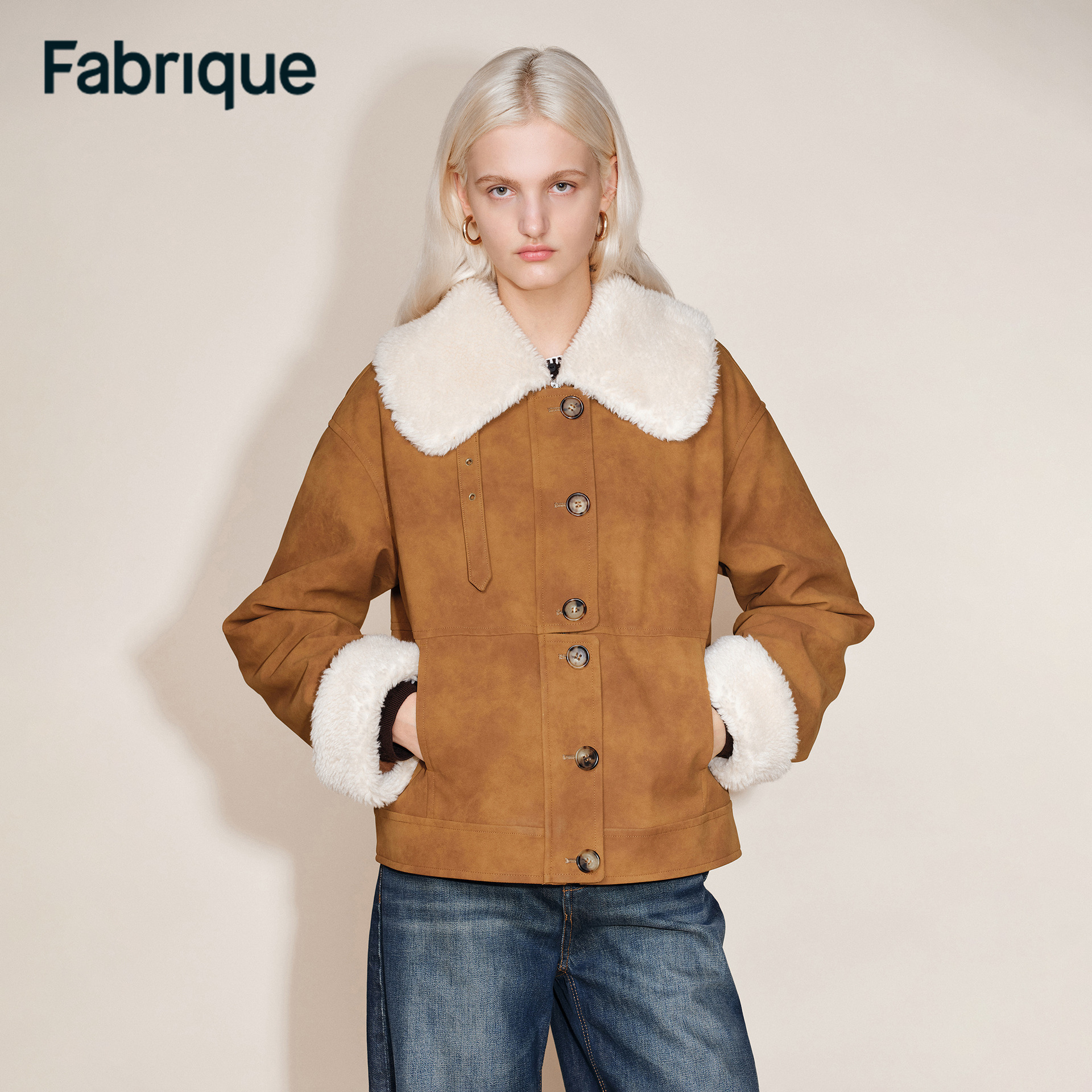 Fabrique Flora秋冬新品琥珀金棕毛领雾面磨砂环保皮夹克棉服外套
