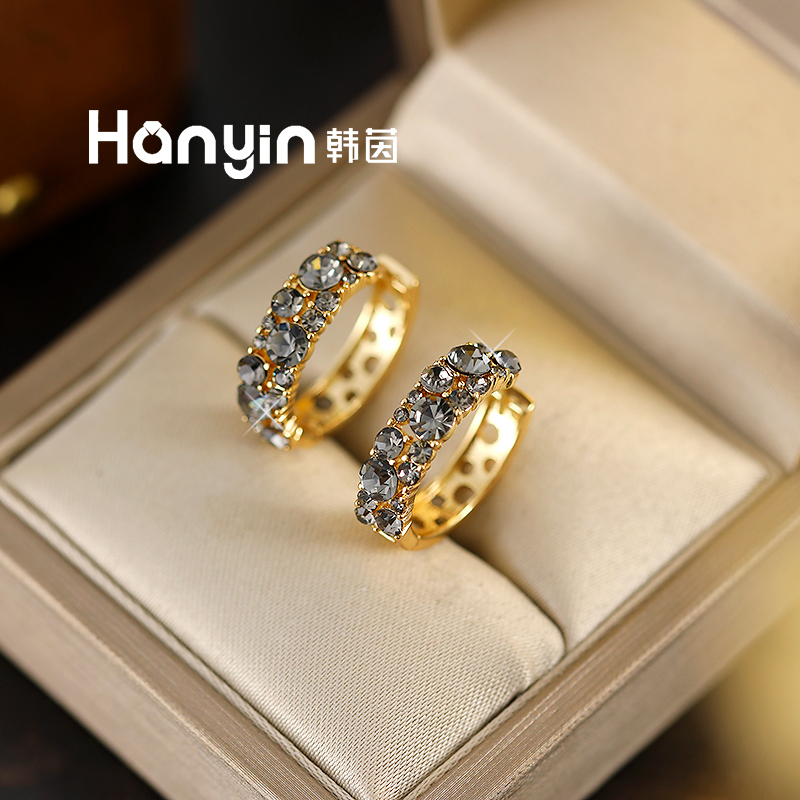 铜合金合成锆石耳饰 轻奢百搭渐变黑灰色泡泡U形耳扣小众高级感