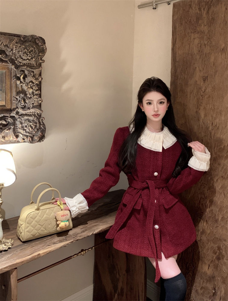 气质小香风外套女冬季撞色木耳边系带粗花大衣