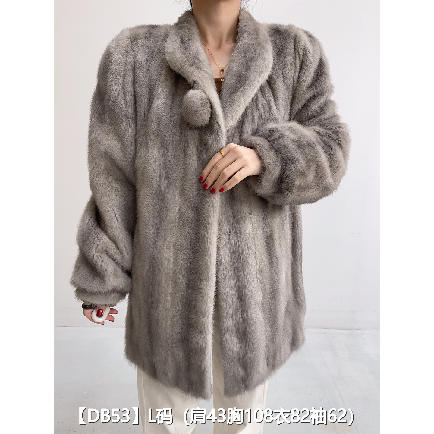 【DB53】L 银灰色中长款全抽貂皮水貂外套女 翻领泡泡袖 50053