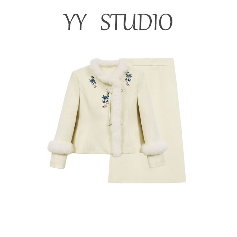 不退不换【良辰美景】冬季毛呢羽绒服套装女中式遮肉两件套 DM15914