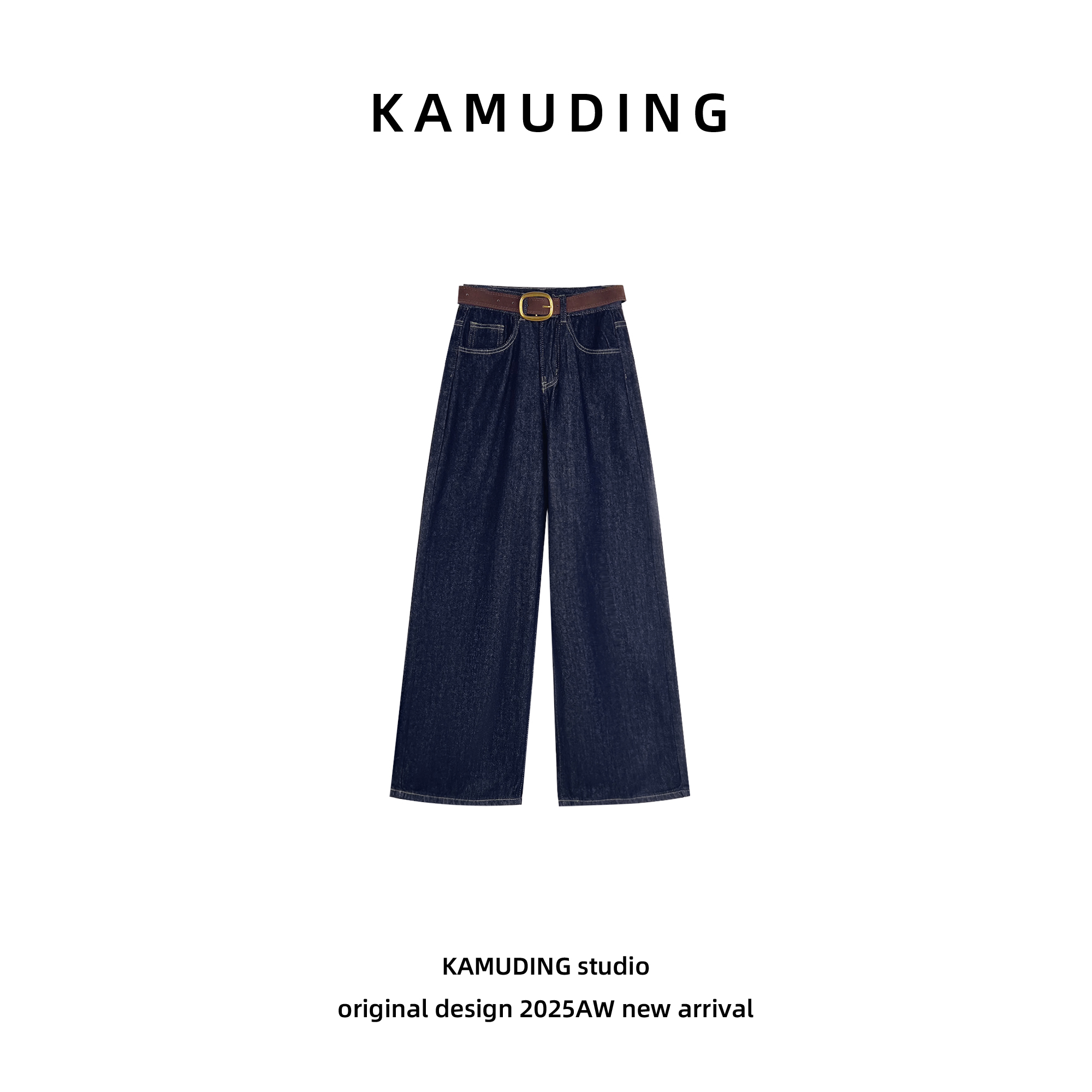 KAMUDING2025新款A48秋季复古高腰水洗百搭显瘦阔腿牛仔裤25225