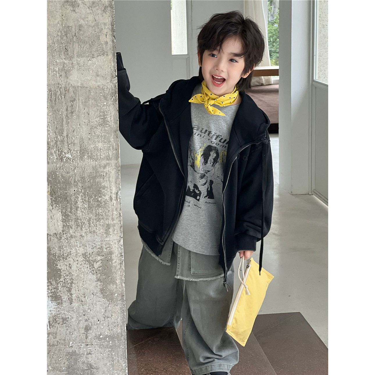 86202025秋款韩国童装潮褪色做旧刺绣连帽儿童男童柔软外套
