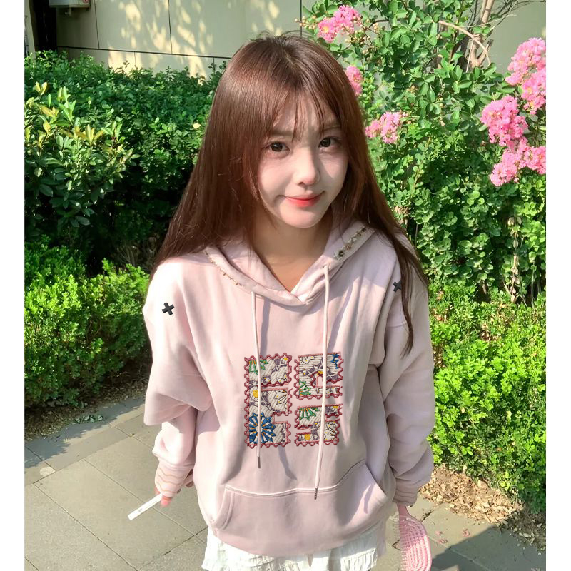美式复古万花筒贴布刺绣连帽卫衣女2025秋冬新款设计感小众帽衫潮
