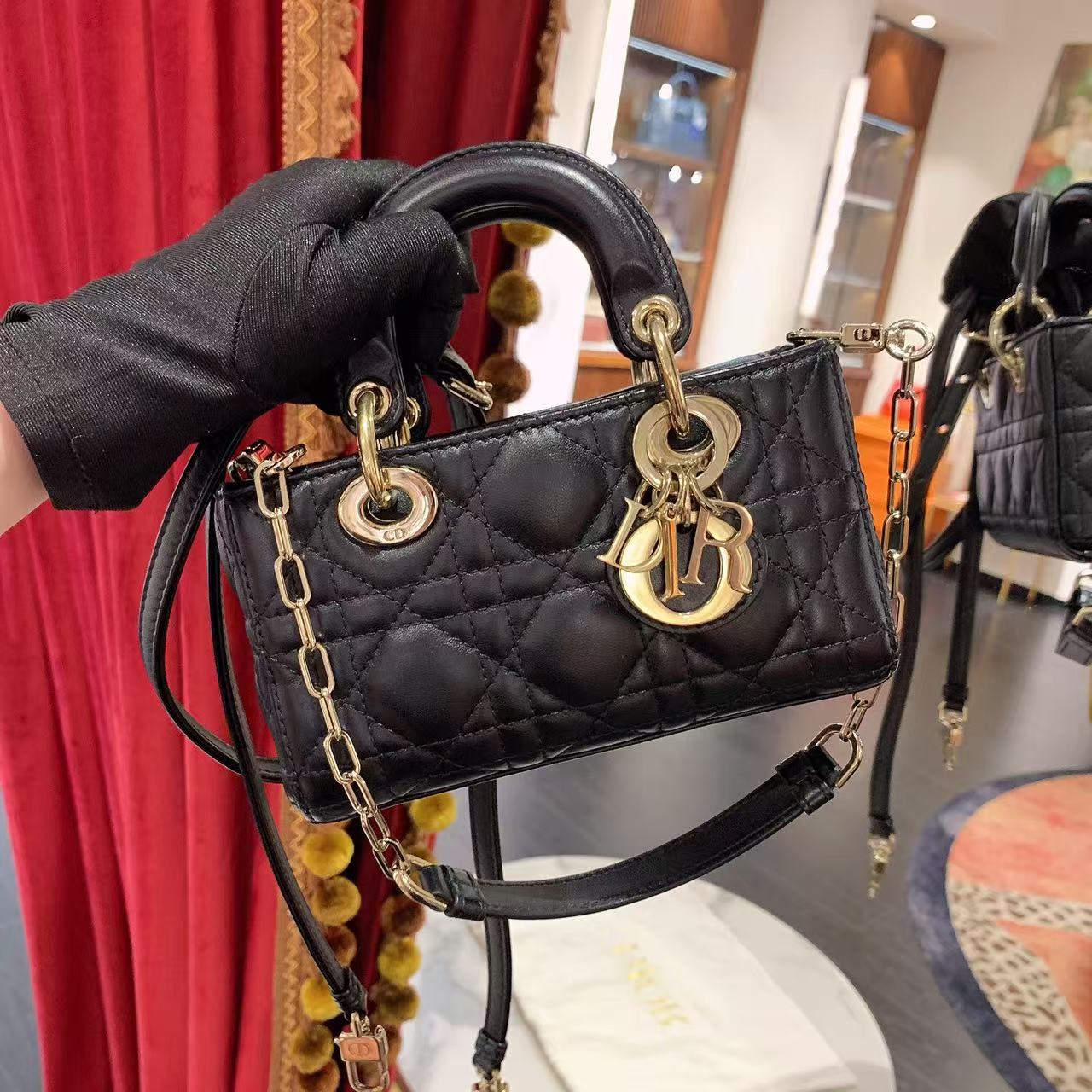 95新 DIOR/迪奥 GGSD-joy戴妃mini黑金单肩包芯片/45387441