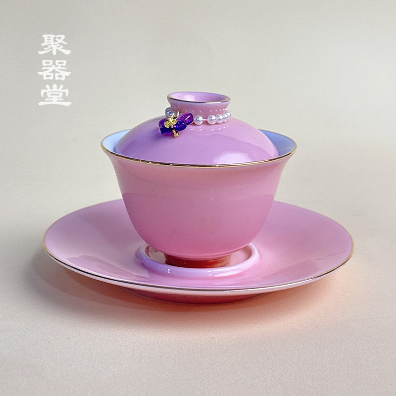 直播福利-粉色描金小盖碗手工轻奢泡茶器中式功夫茶具适合女士